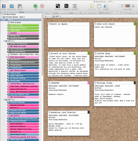 Scrivener's cork board view shows an alternate view of your story to help part-time writers work smarter. | Fiction Notes by Darcy Pattison